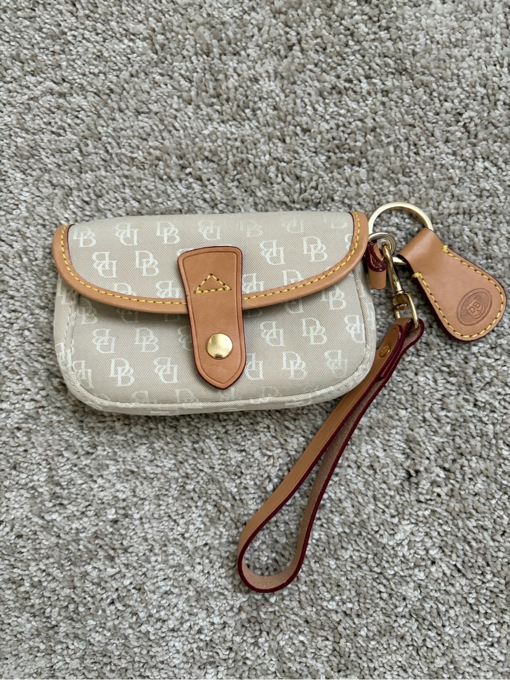 Dooney & Bourke Monogram Wristlet Key Pouch with Tan Leather Trim